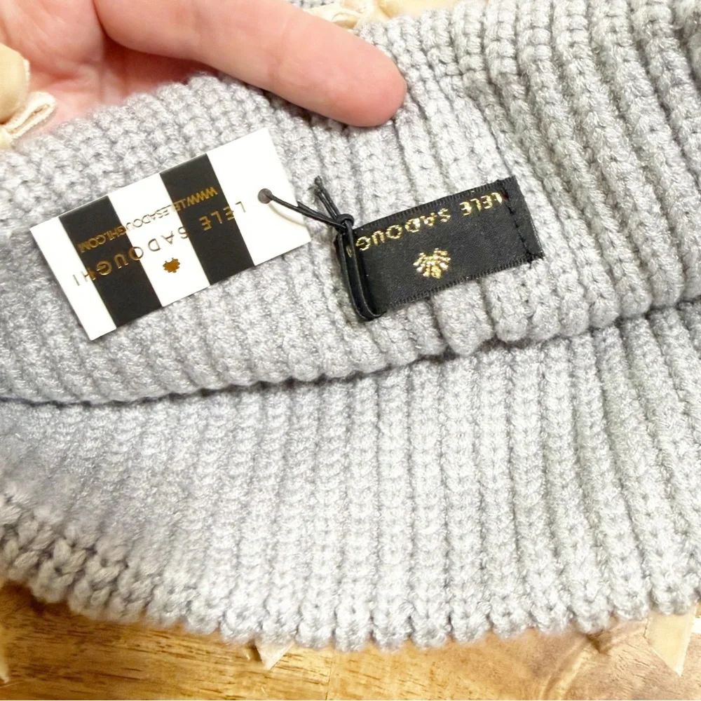NWT Lele Sadoughi Bow Embellished Dangle Beaded Beanie in Dove Grey $175 MSRP